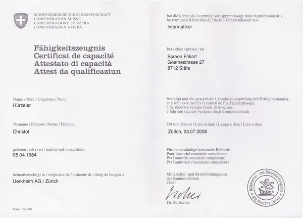 Eidgenössisches Fähigkeitszeugnis Informatiker, Christof Hürzeler, 2006